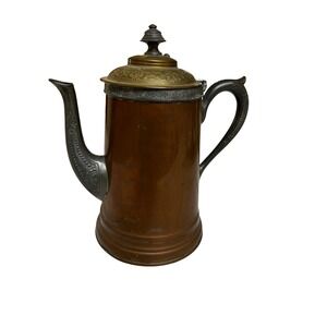 Antique Victorian Copper Coffee Pot Ornate Metal Lid Decorative Kitchen Decor